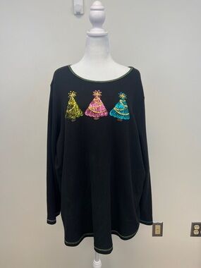 Quacker Factory Black Waffle Knit Top with Sequin Christmas Trees Size 3X